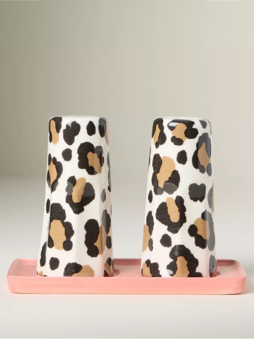 Anthropologie Leopard Stoneware Salt and Pepper With Tray Set